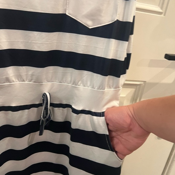 Navy and White Striped Jersey material Dress with pockets - Picture 3 of 7